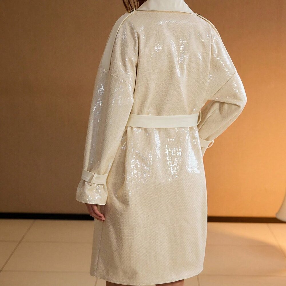 Elegant Women's Premium Sequin Embellished Belted Trench Coat Jacket - Picture 5 of 6